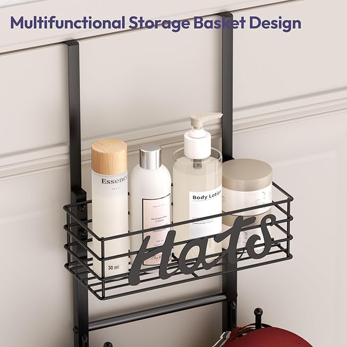 SWTYMIKI Over Door Hat Organizer - Wall Mounted Hat Rack with 6 Hooks and Metal Basket Design, Hanging Baseball Cap Organizer