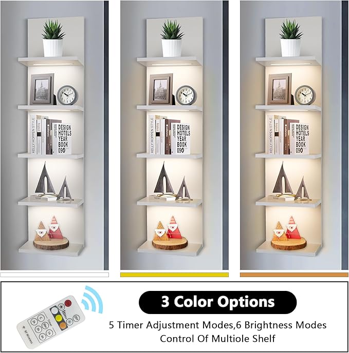 5 Tier Wall Shelf Unit, White Shelves,Lack Shelf, Wall Shelves for Bedroom，Office,Bathroom, Vanity Shelves with LED Light