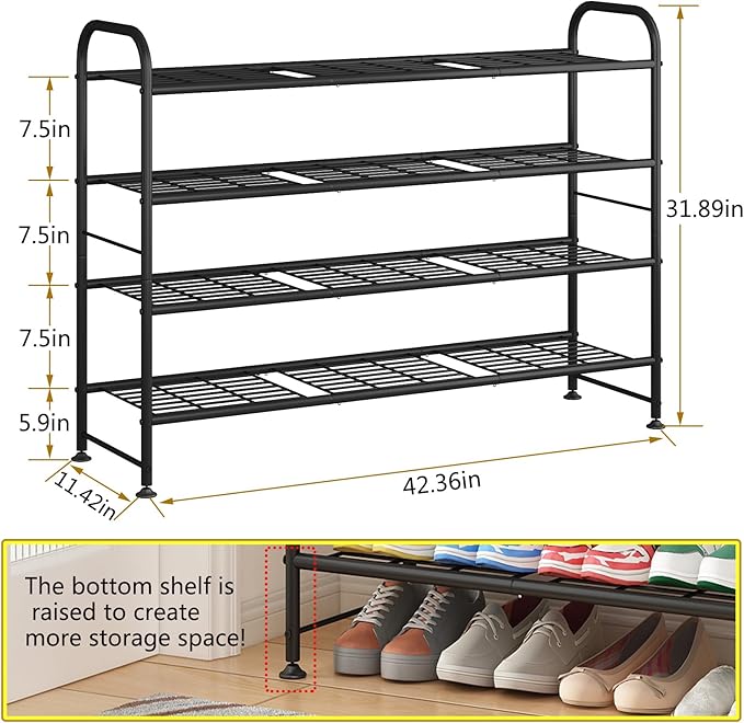LINZINAR Shoe Rack Long 4 Tier Shoe Storage Organizer Metal Wide Shoe Shelf for Closet Entryway Bedroom 24 Paris Large Capaci