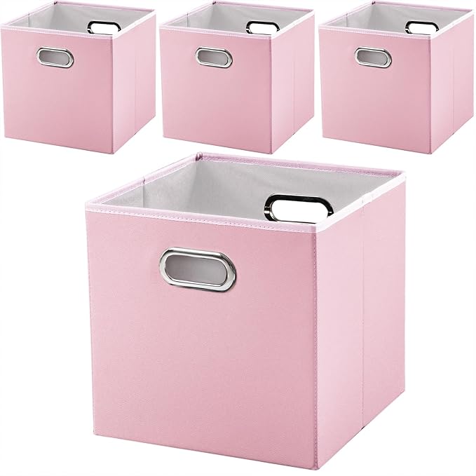 PRANDOM Leather Foldable Cube Storage Bins 11x11 inch [4-Pack] Fabric Storage Baskets Cubes Drawer with Cotton Handles Organi