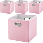 PRANDOM Leather Foldable Cube Storage Bins 13x13 inch [4-Pack] Fabric Storage Baskets Cubes Drawer with Cotton Handles Organi