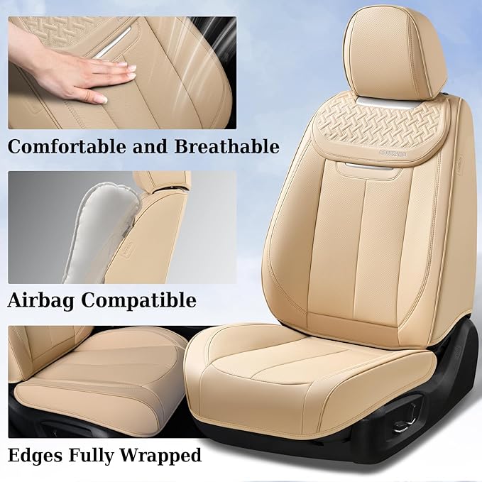 Coverado Seat Covers, Car Seat Covers Front Seats, Beige Nappa Leather Car Seat Covers, 2 Pack Waterproof Front Seat Covers, 