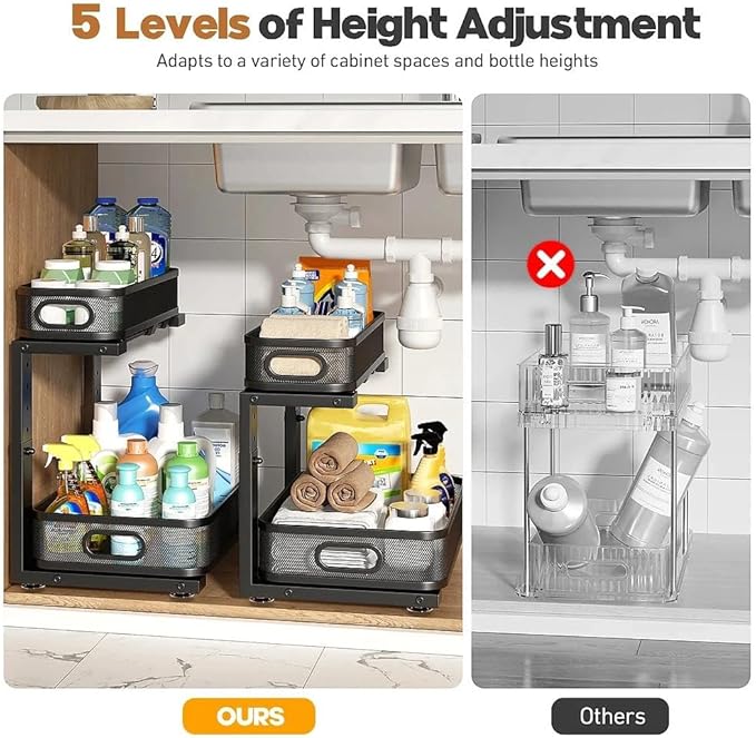 1 Pack 15.7IN-Depth Under Sink Organizer With Smooth Cylindrical Rail,2-Tier Pull Out Multi-Purpose Cabinet Storage for Bathr
