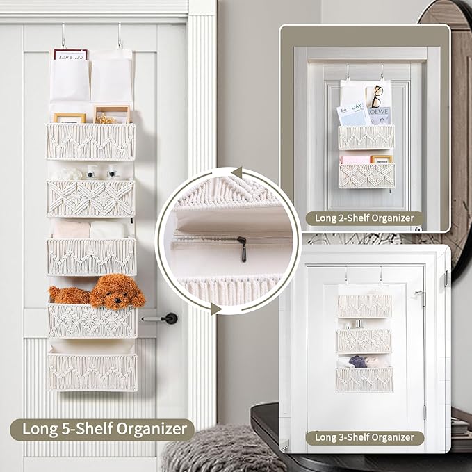 ANTIS'S HOME Over the Door Organizer Macrame Boho Nursery Storage with 5 Large Woven Pockets, Hanging Closet Basket for Bathr