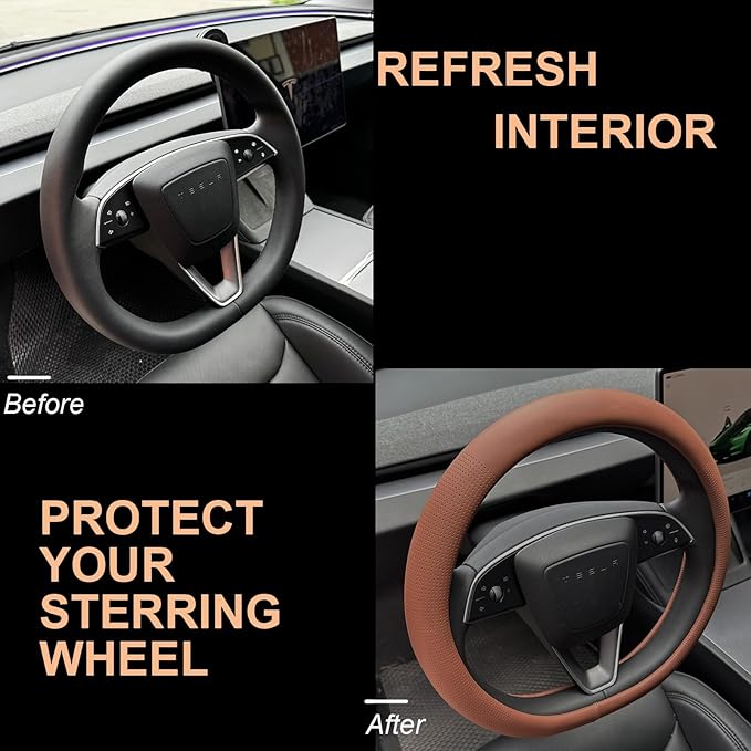 PINCTROT Nappa Leather Steering Wheel Cover for Tesla Model Y/3 Highland/Juniper, D Shaped 14 Inch Small Sized with Breathabl
