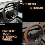 PINCTROT Nappa Leather Steering Wheel Cover for Tesla Model Y/3 Highland/Juniper, D Shaped 14 Inch Small Sized with Breathabl