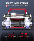Tire Inflator Air Compressor, 150PSI 12V DC Double Cylinders Heavy Duty Portable Air Pump w/Emergency LED Light for Truck, SUV, Car, RV (red)