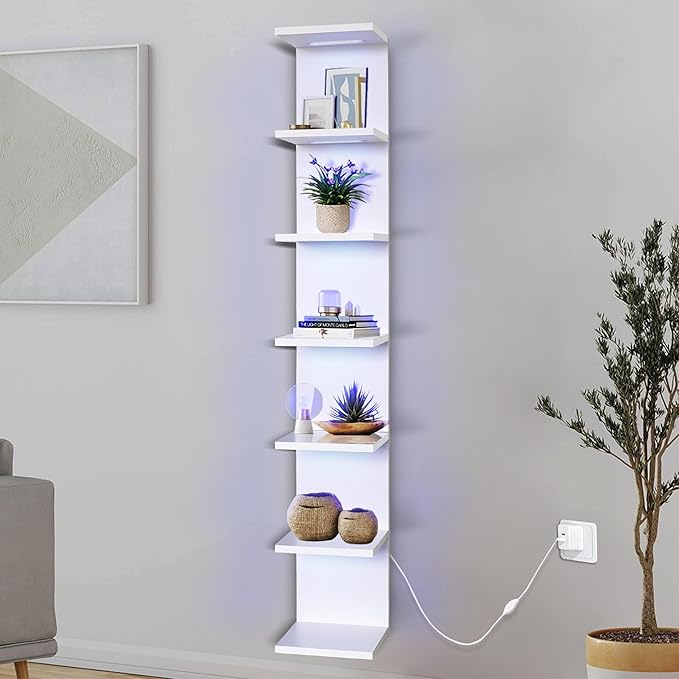 7 Tier Wall Shelf with Lights, White Lack Wall Shelf, Display Floating Shelves with Remote Control for Home Decor Bedroom Van