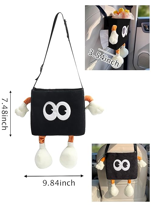 Car Cute 2 in 1 Trash Can with Tissue Holder Box Seat Back Bag Hanging over the Seat Organizer Plush Cartoon Animal Storage Garbage,Black