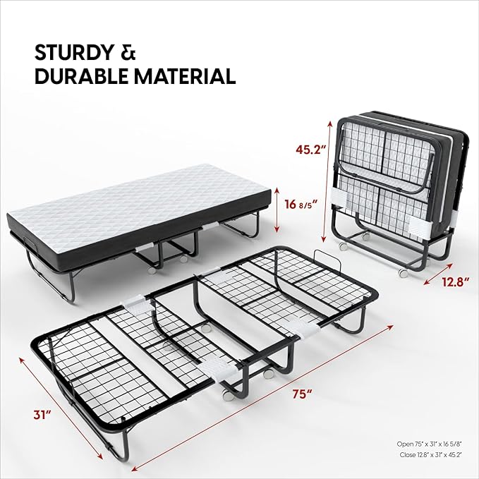 EconoHome Folding Bed with Mattress - 75x31 Cot Size Frame - Portable Rollaway Guest Bed with 5-inch Memory Foam Mattress - S