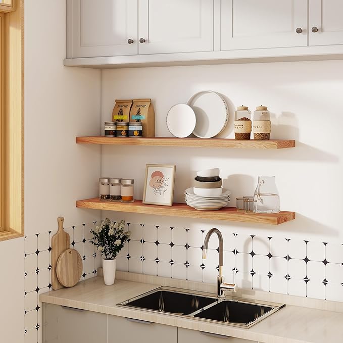 Vivelove Elm Wood Floating Shelves, Wooden Shelves for Wall with Invisible Bracket for Living Room Bedroom Bathroom Office Bo