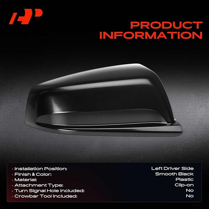 A-Premium Driver Side Rearview Mirror Cover Cap - Compatible with Chevrolet Malibu 2013-2015, Malibu Limited 2016 - Smooth Black, Without Turn Signal Hole