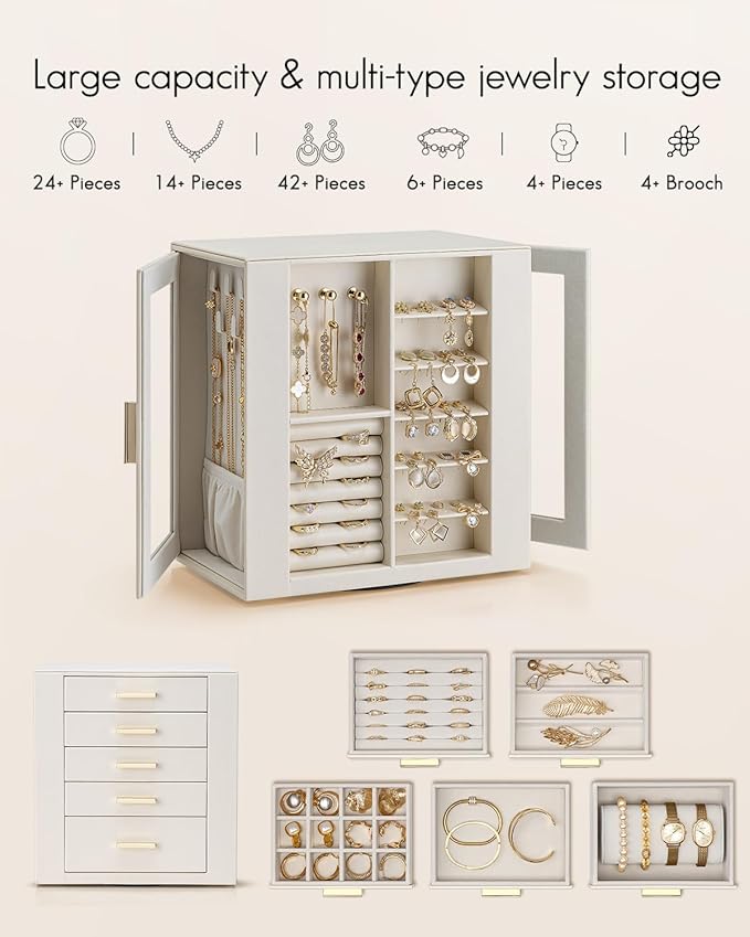 VLANDO 360ｰ Rotating Jewelry Box with 5 Drawers, Mothers Day Mom Gifts, Large Jewelry Storage with 2 Glass Window, PU Leather