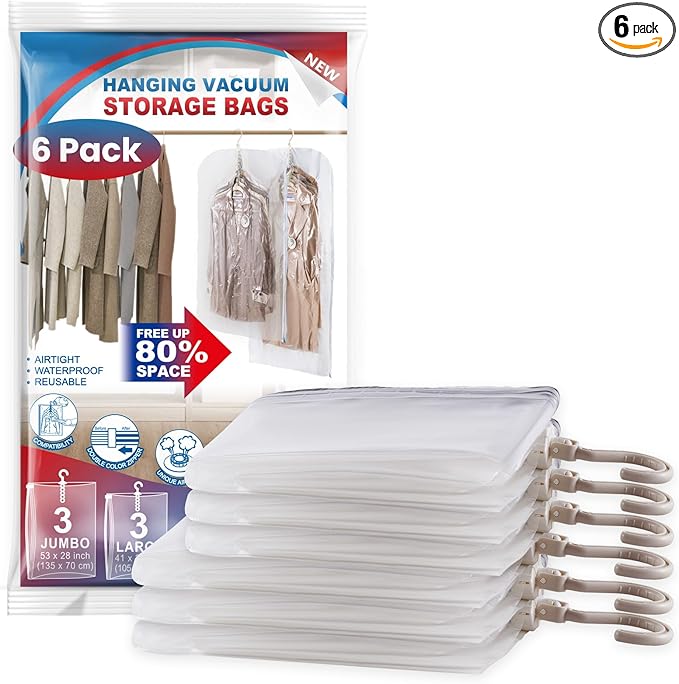 Hanging Vacuum Storage Bags, 6 Pack Large Hanging Space Saver Bags, Vacuum Sealed for Clothes Suits Dress Jackets for Moving 