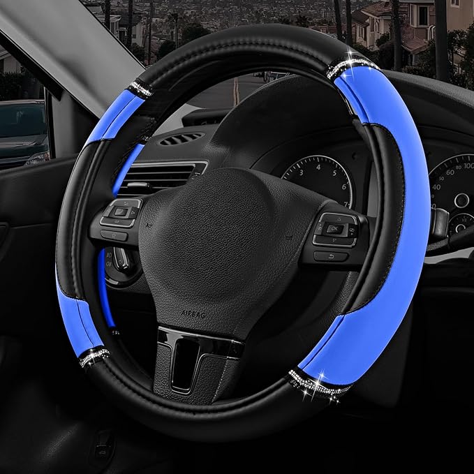 Road Comforts Leather Steering Wheel Cover - Made with PVC Leather - Anti-Slip, Universal Fit 14 1/2 inches to 15 inches - Bl