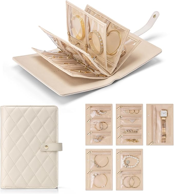 VLANDO Travel Jewelry Organizer Case,Valentines Gift,Jewelry Storage Book Ring Binder with Clear Zipper Velvet Jewelry Pouche