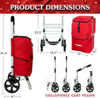 Ultra-Lightweight Red Foldable Shopping Cart for Groceries Large 42L Capacity Rubber Wheels, Removable Insulated Bag Liner, Durable Aluminum Frame, Multi-Function Personal Hand Truck