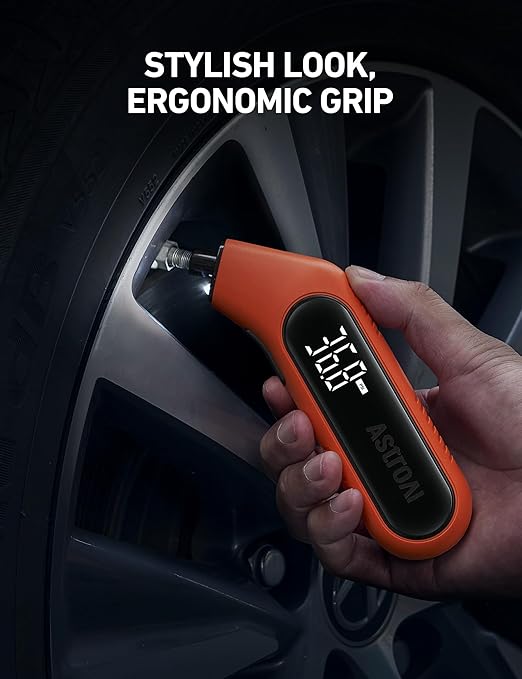 AstroAI Digital Tire Pressure Gauge 3-300PSI Calibrated to ANSI B40.7 Grade 2A (0.5%), Backlight and Flashlight, Presta Valve Adaptor Included, 4 Units, AAA Batteries, Orange, 2Pack