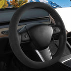 Suede Steering Wheel Cover for Tesla Model 3/Y, Anti Heat, Breathable, Anti-Slip,Leather Steering Wheel Cover 14-14 1/4 in (35.5-36 cm) (Black-02)