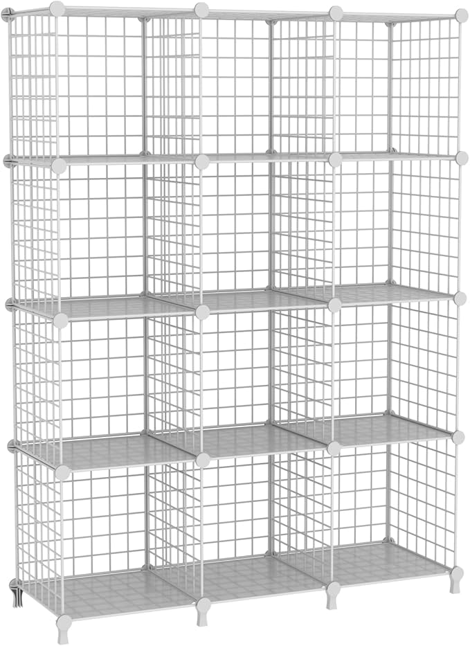 12-Cube Storage Organizer, Metal Wire Cube Shelving Unit, 11.8" L x 11.8" W x 11.8" H, Modular Grid Bookshelf for Closet, Bed