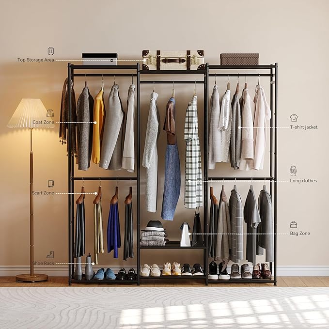 Wardrobe Closet Tall Size, Clothes Rack with Hanging Areas and Storage Shelves, Closet Organizers and Storage, Free Standing 