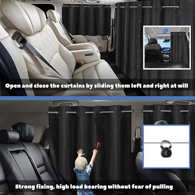 XCBYT Car Privacy Divider Curtains (3-Pack), Rigid Rod-Mounted Total Blackout Set - No Sag, No Strings - Rear Seat Divider & Side Window Shades for Car Camping, Baby Naps