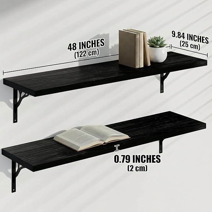 48Inch Solid Pine Wood Floating Shelves Set of 2, Black Wood Wall-Mounted Storage Shelves with Heavy-Duty Metal Brackets | De