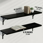 48Inch Solid Pine Wood Floating Shelves Set of 3, Black Wood Wall-Mounted Storage Shelves with Heavy-Duty Metal Brackets | De