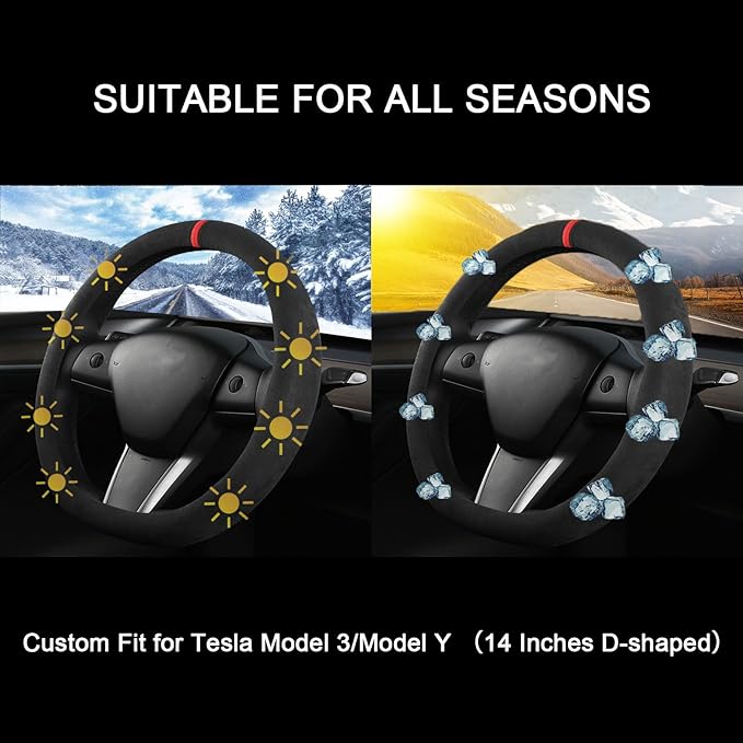 Suede Steering Wheel Cover for Tesla Model 3/Y, Anti Heat, Breathable, Anti-Slip,Leather Steering Wheel Cover 14-14 1/4 in (35.5-36 cm) (Black 02 with Red Mark)