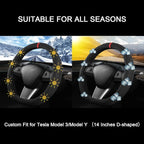 Suede Steering Wheel Cover for Tesla Model 3/Y, Anti Heat, Breathable, Anti-Slip,Leather Steering Wheel Cover 14-14 1/4 in (35.5-36 cm) (Black 02 with Red Mark)