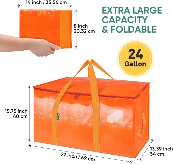 BALEINE 2-Pack Oversized Moving Bags with Reinforced Handles, Heavy-Duty Storage Tote for Clothes, Moving Supplies (Orange, 2