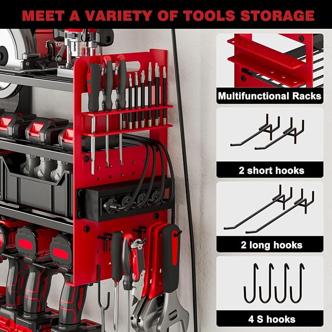 12 Cordless Drill Holder Large Power Tool Organizer Wall Mount with Side Pegboard & Screwdriver Holder, 4-Tier Heavy Duty Met
