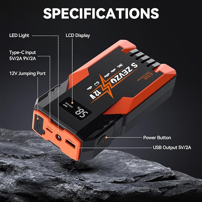 S ZEVZO ET05 Jump Starter 3000A Portable Car Jump Starter Battery Pack (7.2L Gas/ 5.5L Diesel), 51.8Wh 12V Jump Box with USB