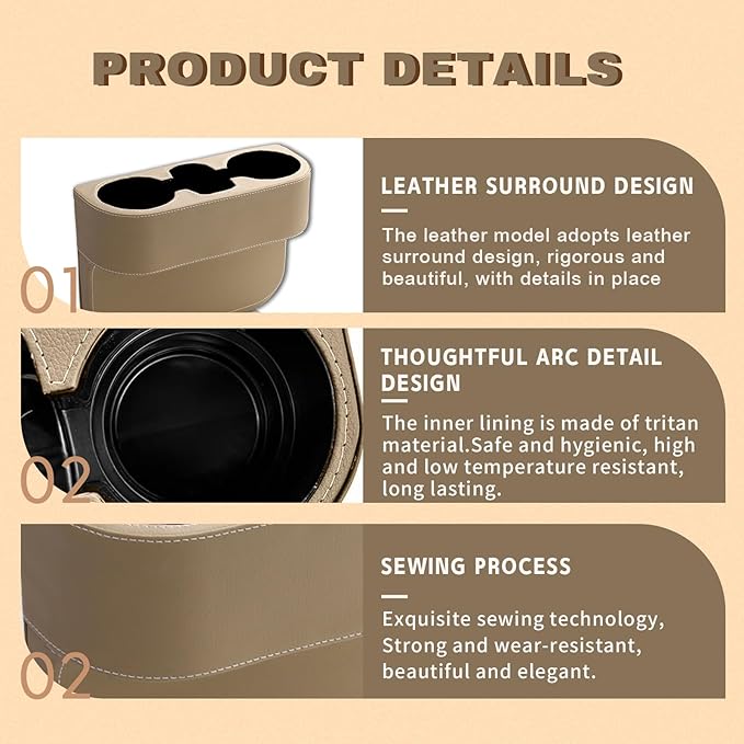 Car Cup Holder, PU Leather Auto Front Seat Organizer, Multifunctional Cup Drink Holders, Gap Filler Storage Box Coin Bucket Console Side Pocket Cell Mobile Phone Holder (Beige)