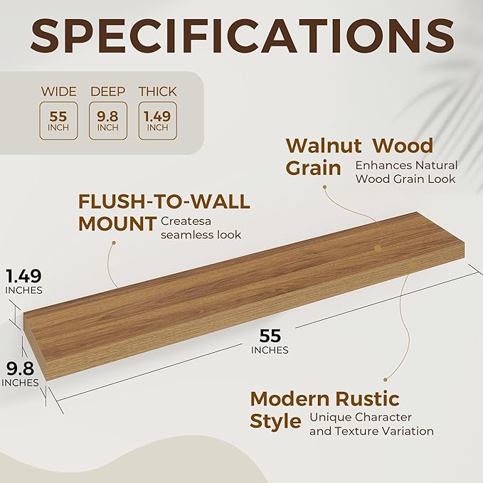 Dreamland 55 Inches Floating Shelves for Wall, 9.8" Deep Long Floating Shelves Set of 1, Large Display & Storage Shelf, Wall 