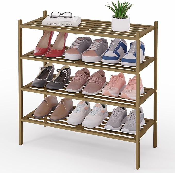Smiry Bamboo Shoe Rack 4-Tier, Stackable Wooden Shoe Organizer for Entryway & Closet, Free Standing Wood Shoe Storage Shelf f