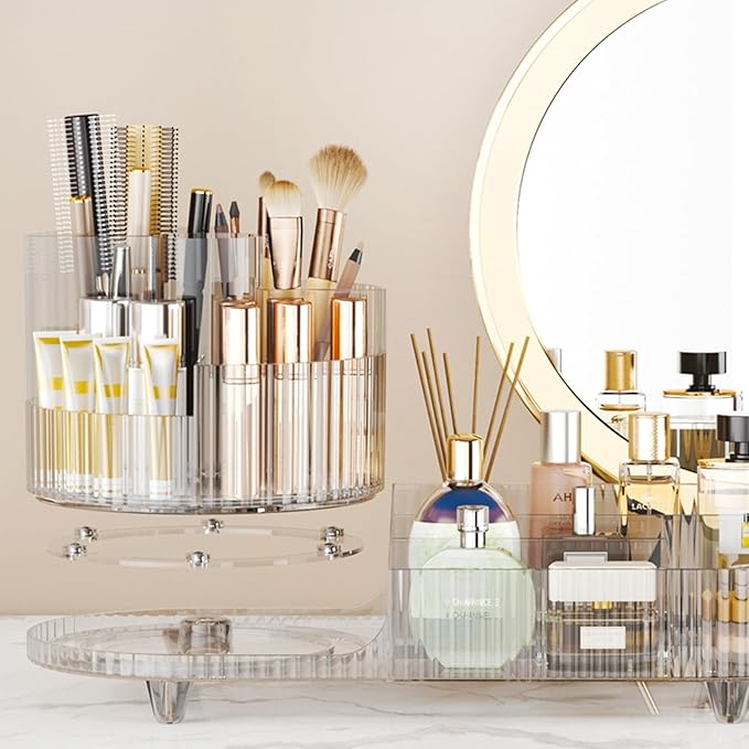 Rotating Makeup Organizer for Vanity with Brush Holder, Cosmetic Makeup Storage Organizer, Large Spinning Makeup Skincare Org