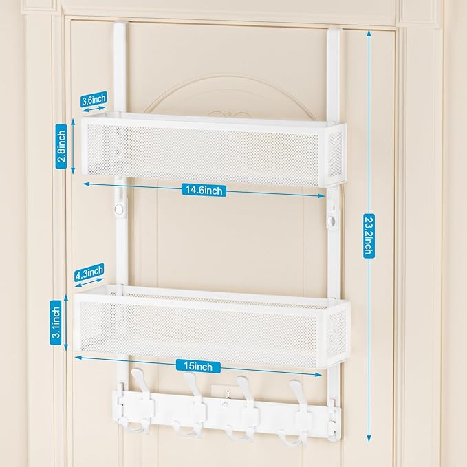 Over The Door Hooks Organizer, Door Hanger Towel Rack with 2 Baskets, Adjustable Over The Door Coat Rack, Back of Door Storag