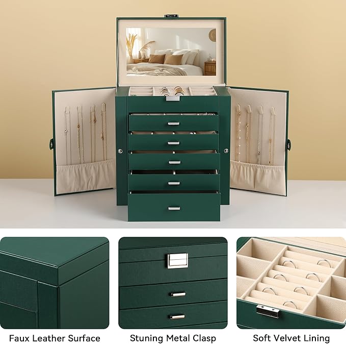 Frebeauty Large Jewelry Box,6-Tier PU Leather Jewelry Organizer,Multi-functional Storage Case with Mirror,Accessories Holder 