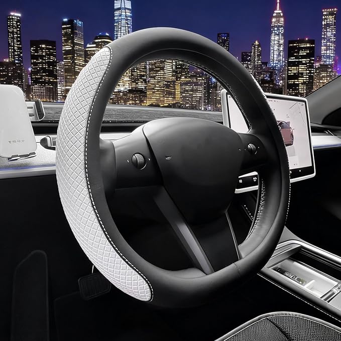 SEG Direct Flat Bottom Steering Wheel Cover, D Shaped Car Wheel Cover 14 1/2-15 in. (37-39 cm), Black White Embossed Microfib
