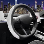 SEG Direct Flat Bottom Steering Wheel Cover, D Shaped Car Wheel Cover 14 1/2-15 in. (37-39 cm), Black White Embossed Microfib