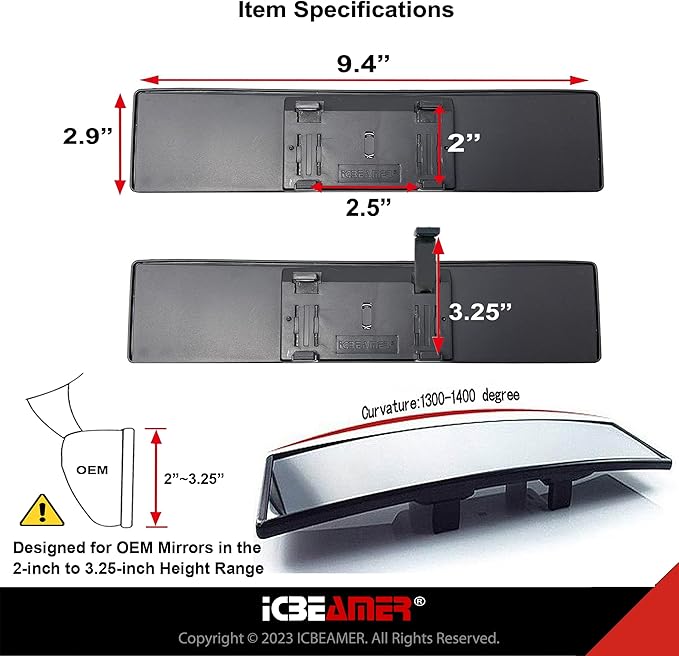 9.4" ICBEAMER Clip On Rear View Mirror | Convex Clear Tint, Panoramic Wide Angle HD Glass, Anti Glare, Universal Fit for Car, SUV, Truck | Eliminates Blind Spots (1 Pack)