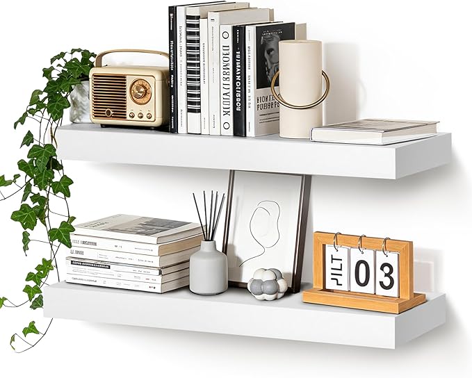 Floating Wall Shelves 24 x 6.8 x 1.7 Inch – Solid Wood Rustic Shelves in White Finish – Wall Mounted Display Shelf for Bathro