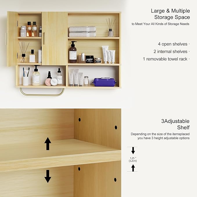 Bathroom Wall Cabinet Wood Large Wall Mounted Medicine Cabinet with 2 Doors and 4 Open Shelves Over Toilet Storage Cabinet Or