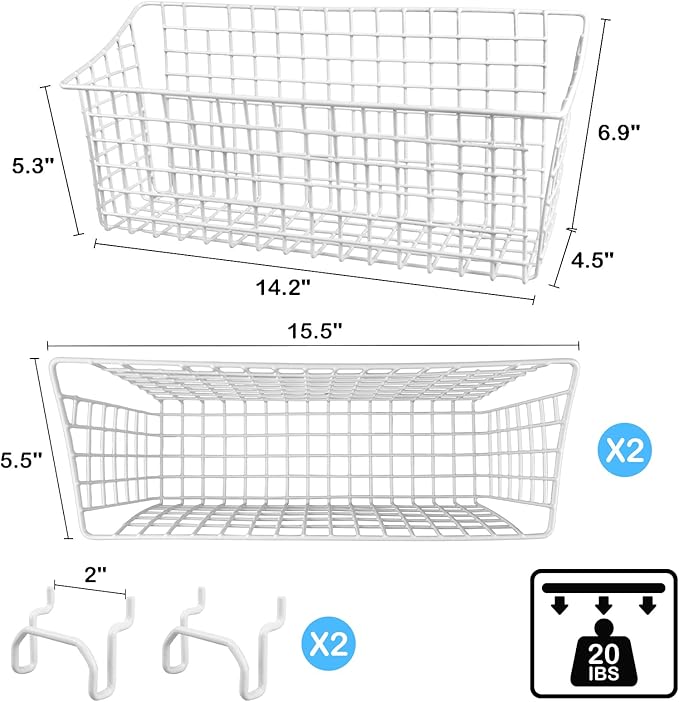G.CORE 2 Pack Large Pegboard Baskets, Metal Shelves Hooks to 1/8" 1/4" Peg Boards, Peg Board Baskets Bins Set - Organize Tool