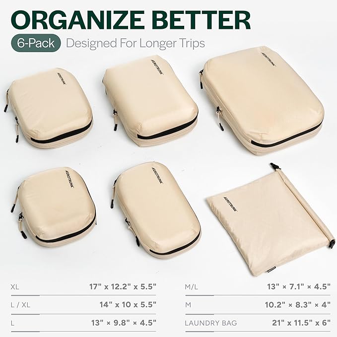 Aerotrunk Ultralight Compression Packing Cubes - Lightweight Travel Organizers for Suitcases and Luggage (6-Pack, Beige)