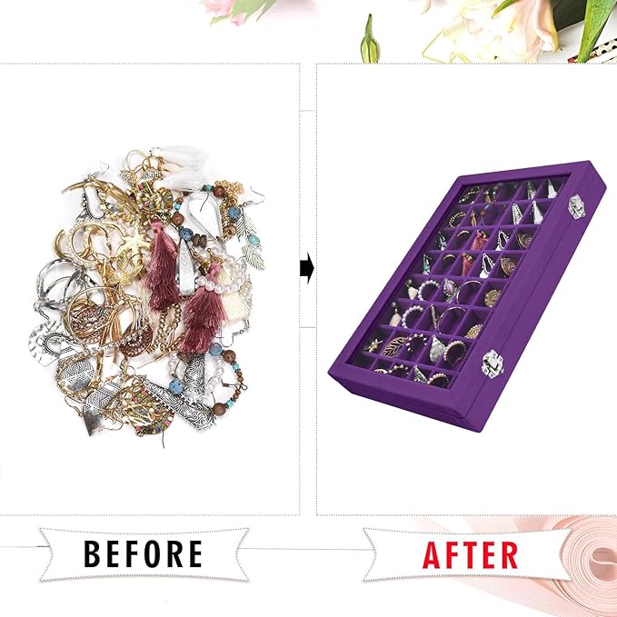 Siveit Velvet Jewelry Tray 48 Grid Jewelry Display Tray Organizer Box with Transparent Lid Rings Earrings Necklaces Pendants 