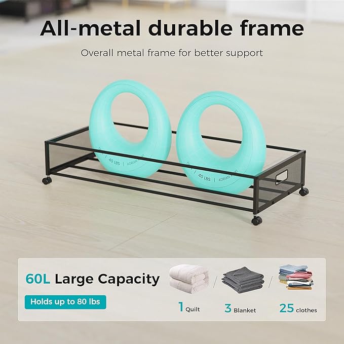 oylik Large Under Bed Storage with Wheels, Metal Under Bed Storage Containers with Clear Lid, Handle, Rolling Under Bed Shoe 