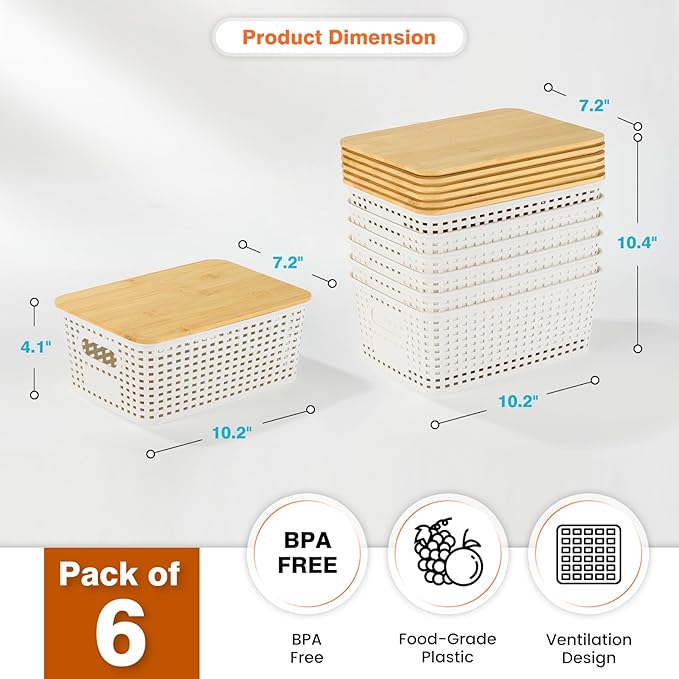 Ohmlove Plastic Storage Baskets With Bamboo Lid - Plastic Storage Containers Stackable Storage bins: Storage Baskets for Orga