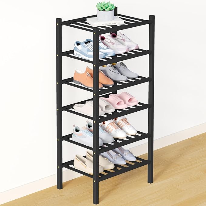 Smiry Bamboo Shoe Rack for Closet, 6 Tier Small Wooden Stackable Shoe Organizer, Free Standing Shoes Storage Shelf for Entryw